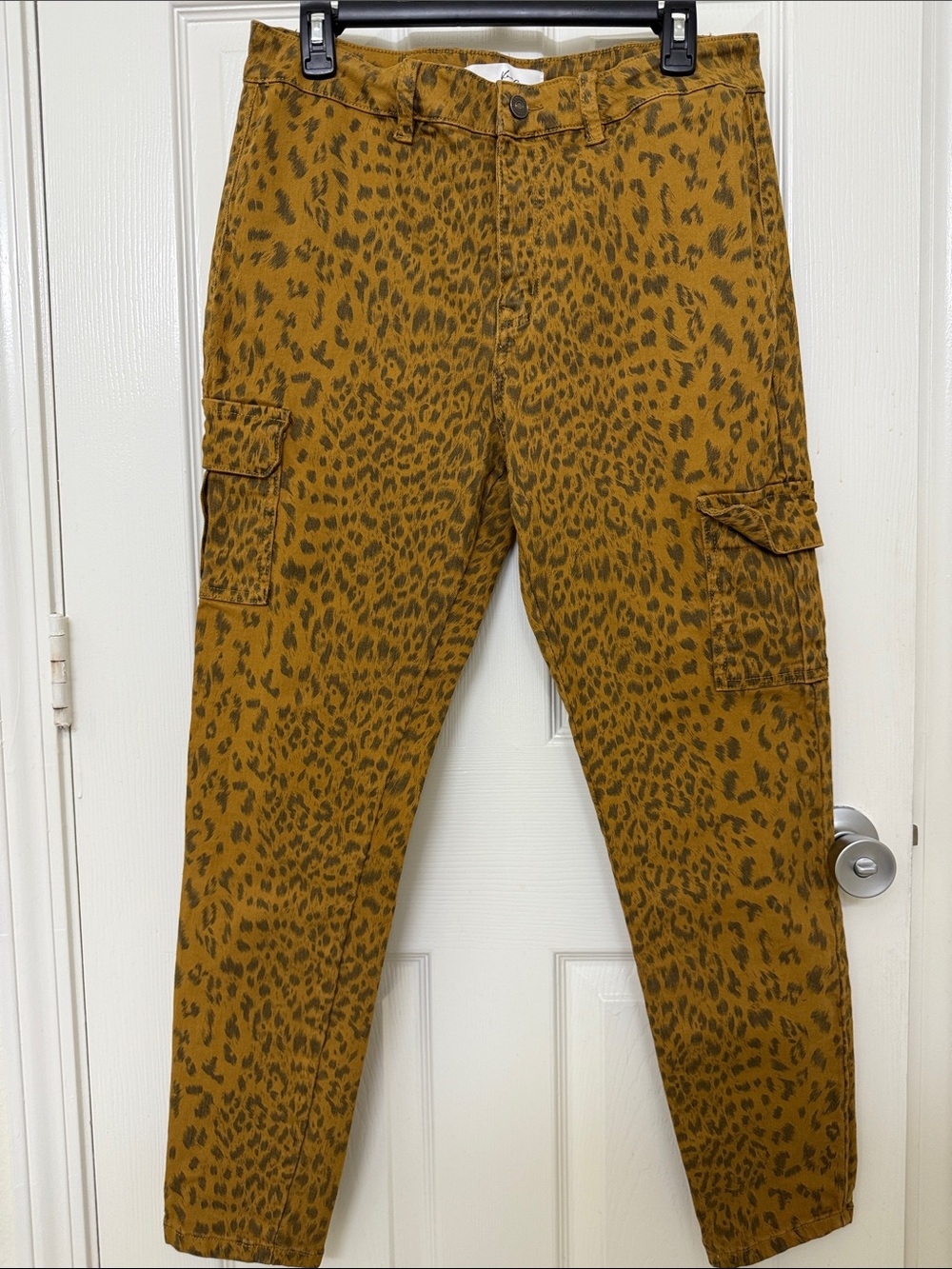 KanCan Mustard Leopard-Print Skinny Cargo Jeans